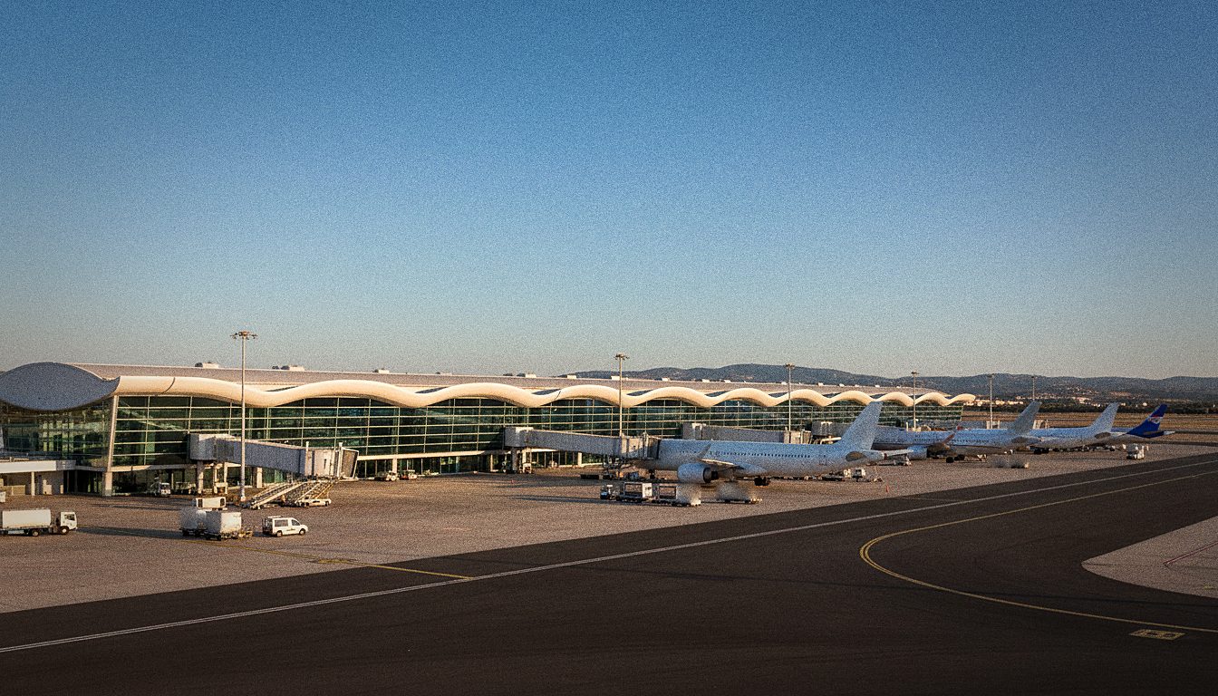 Terminal de pasajeros del Aeropuerto de Faro con aviones en la pista, Algarve