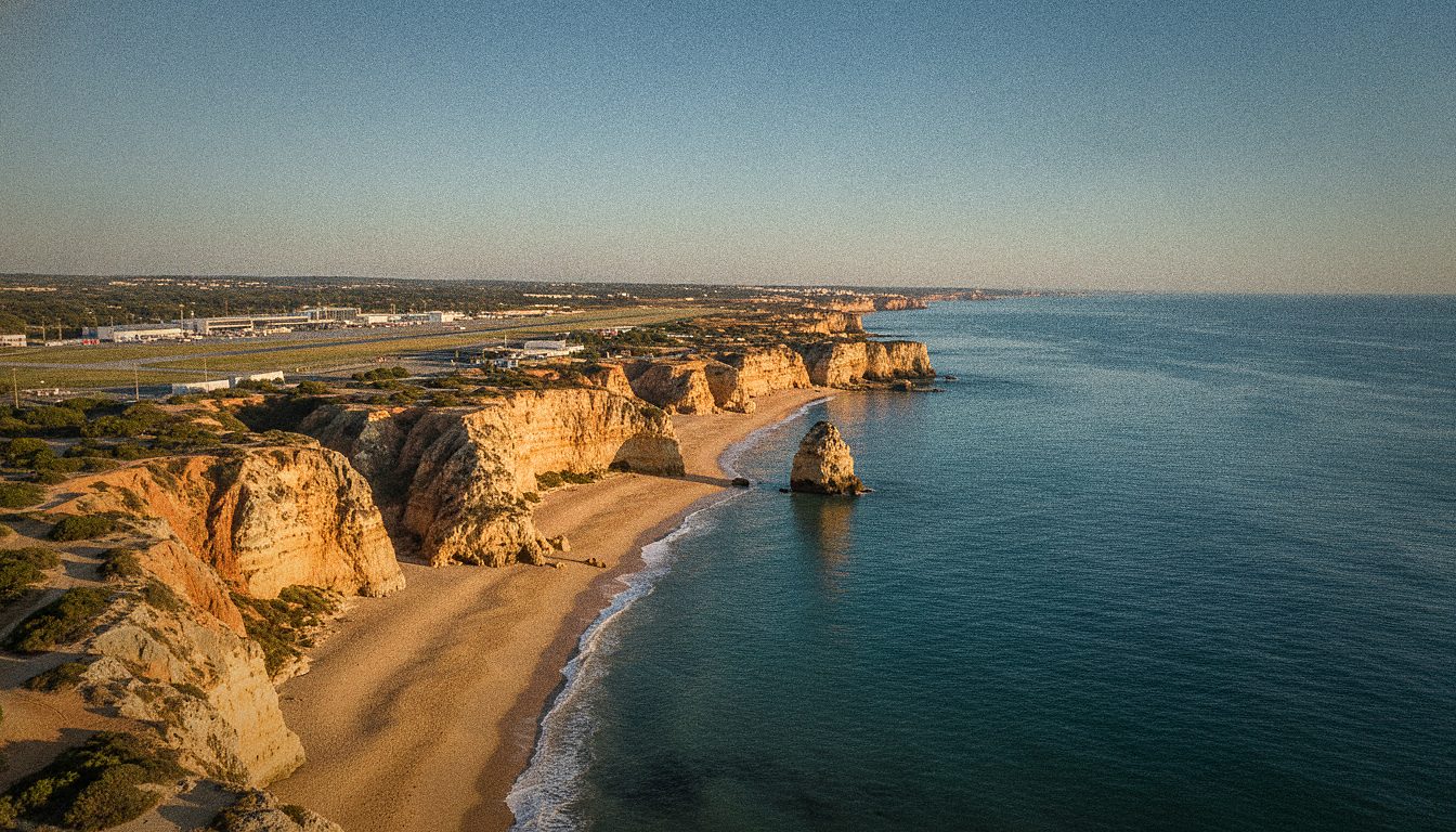 Acantilados y playa de la costa del Algarve bajo cielo despejado