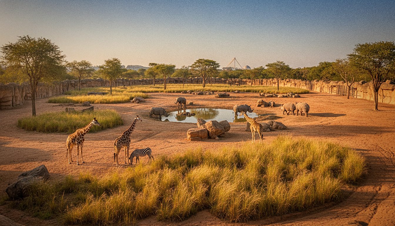 Recreación de una zona de sabana africana en un parque zoológico al aire libre