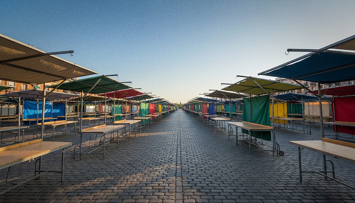 Puestos del mercadillo El Rastro en una calle empedrada de Madrid