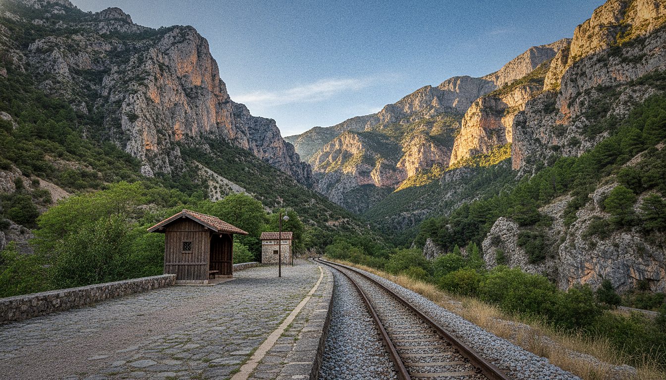 Pequeña estación de tren rural entre montañas con un andén vacío y vías curvas