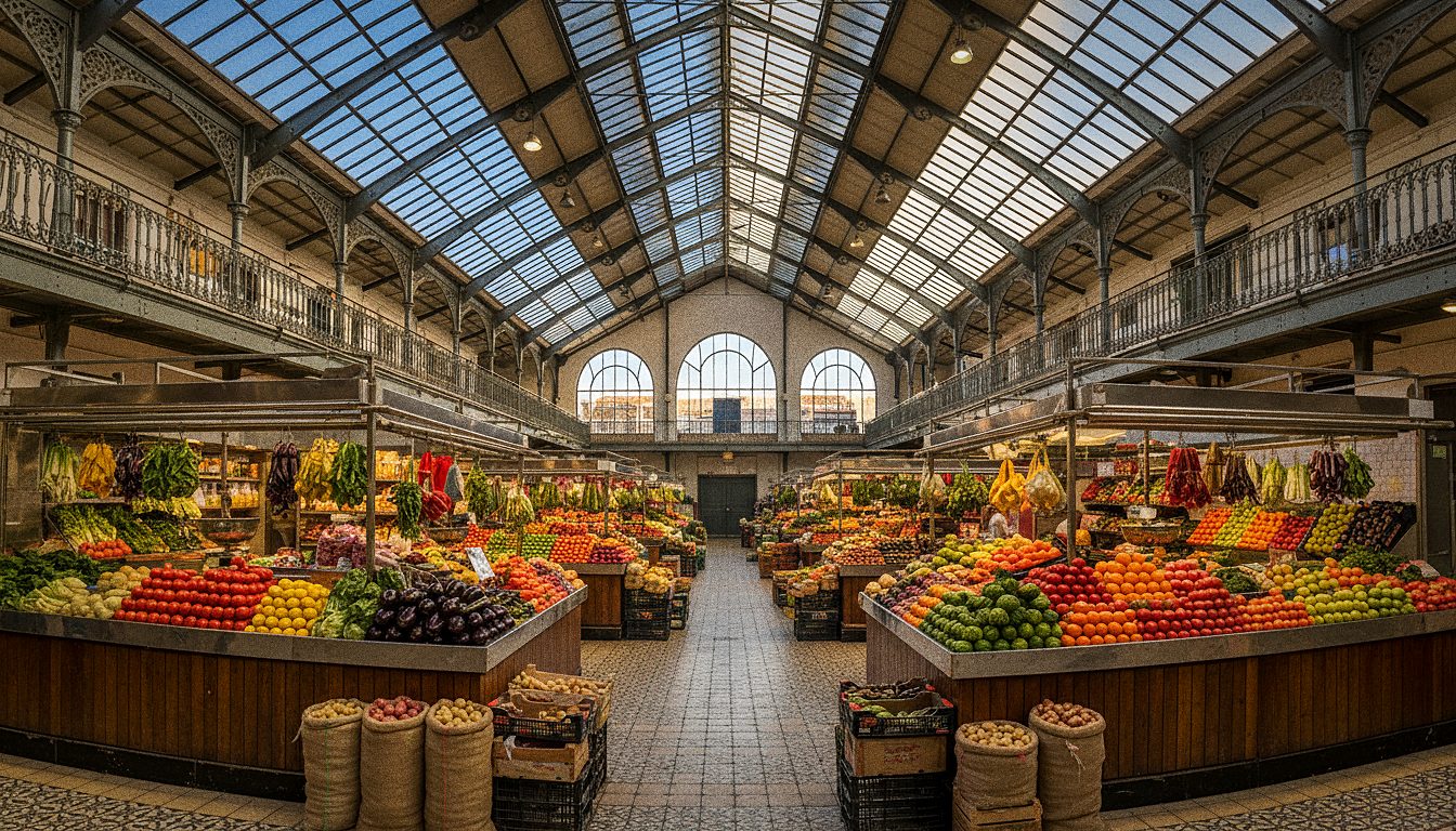Puestos de producto fresco bajo la cubierta abovedada del Mercado de la Cebada, Madrid