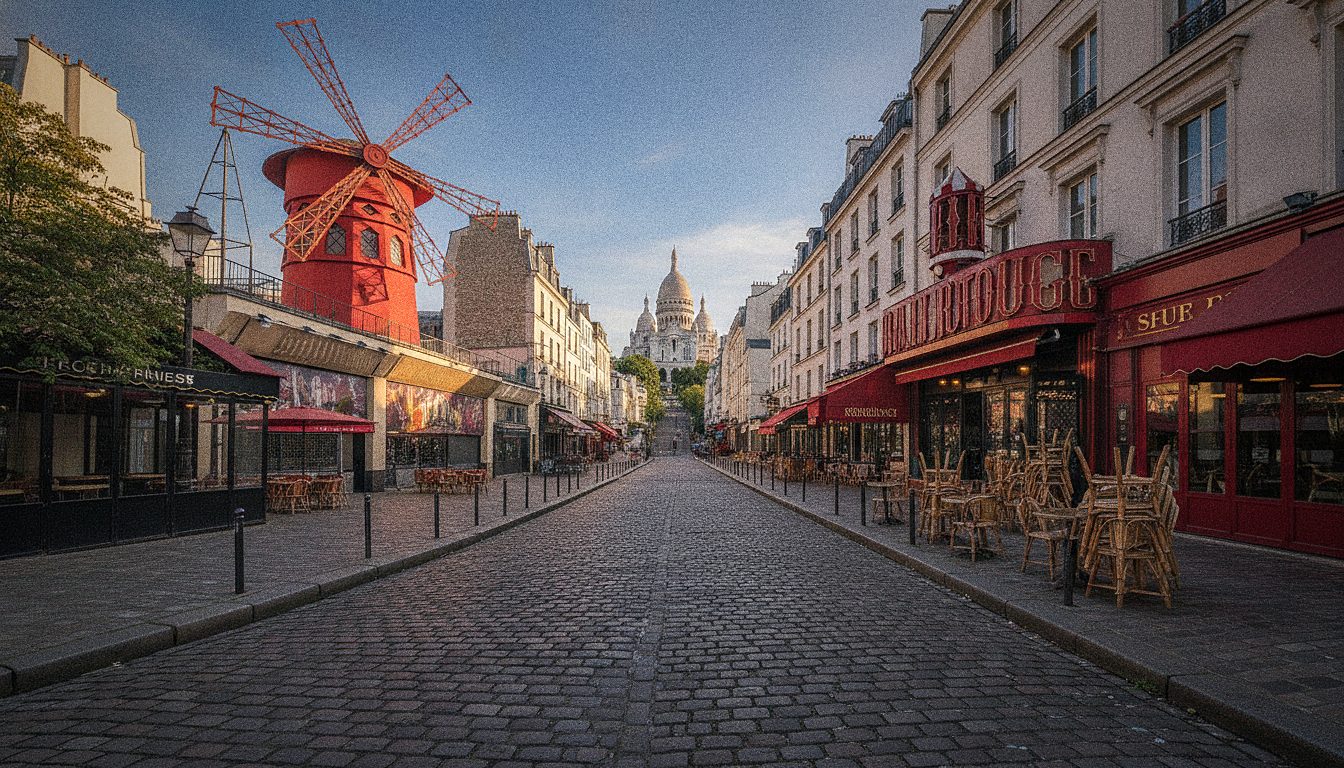 Calle adoquinada de Montmartre con cafés y la cuesta hacia el Sacré-Cœur