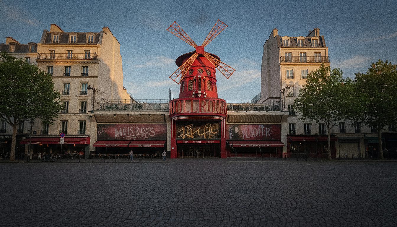 Fachada del Moulin Rouge con su molino rojo iluminado en el bulevar de Clichy, París
