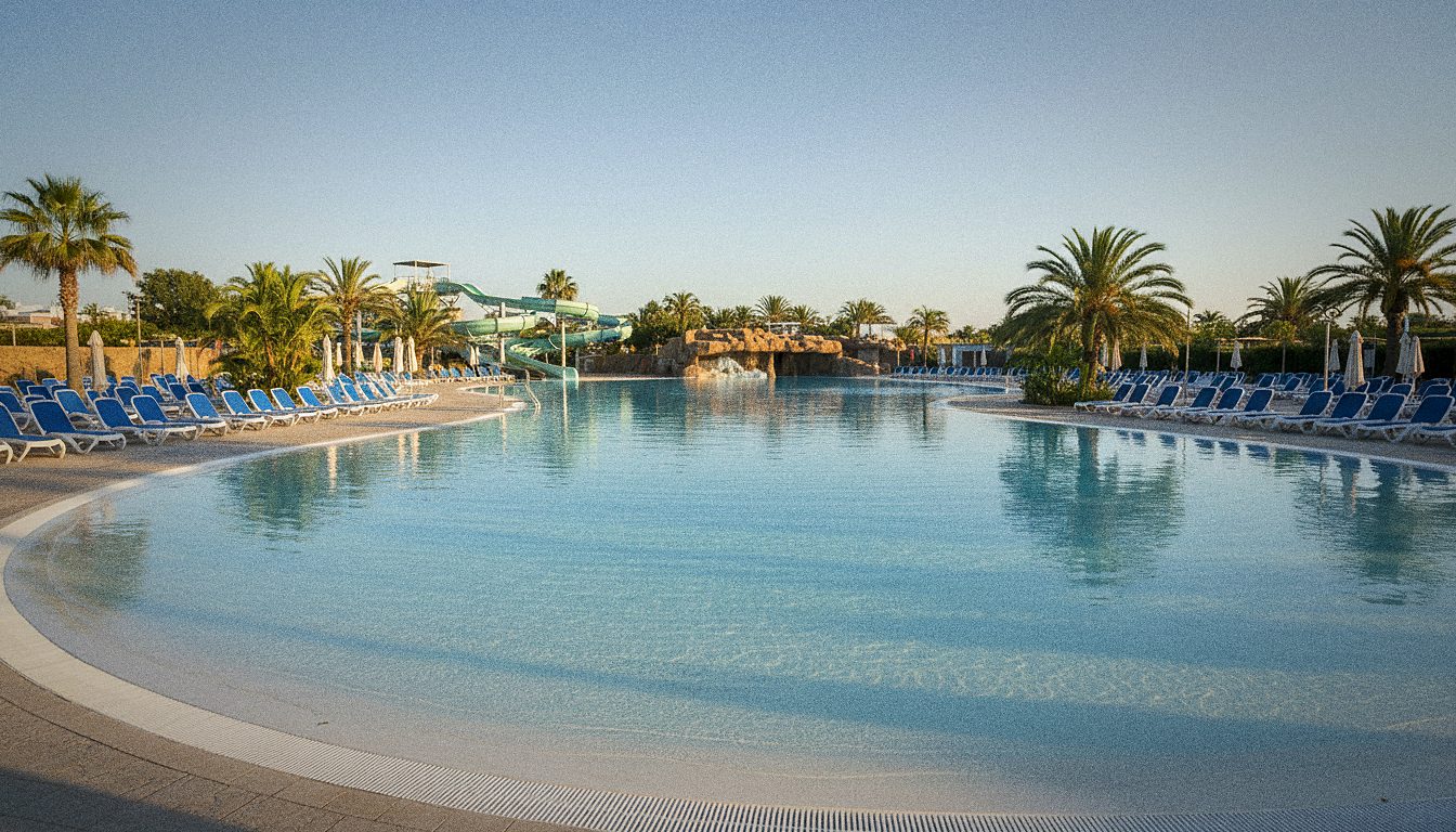 Piscina de olas de un parque acuático con tumbonas alrededor